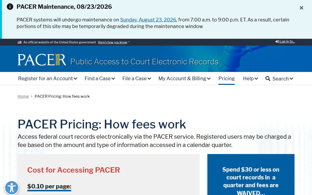 Bryant court docket PACER pricing