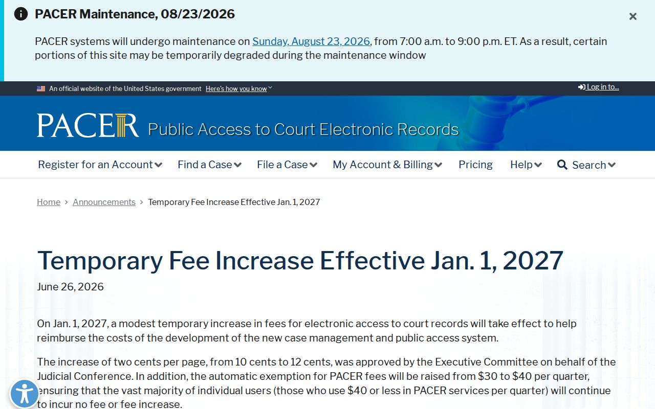 Bryant court docket PACER fee notice