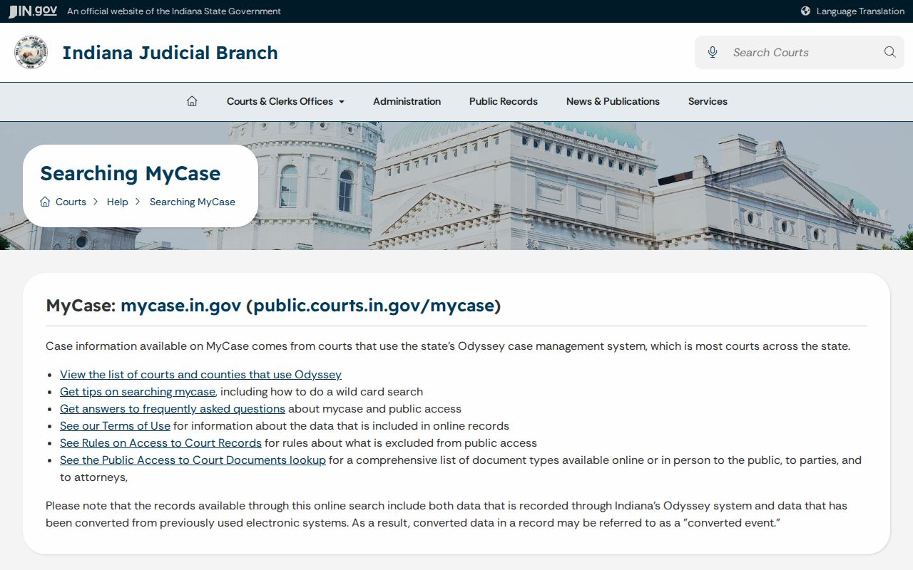 Indiana MyCase help for public case information