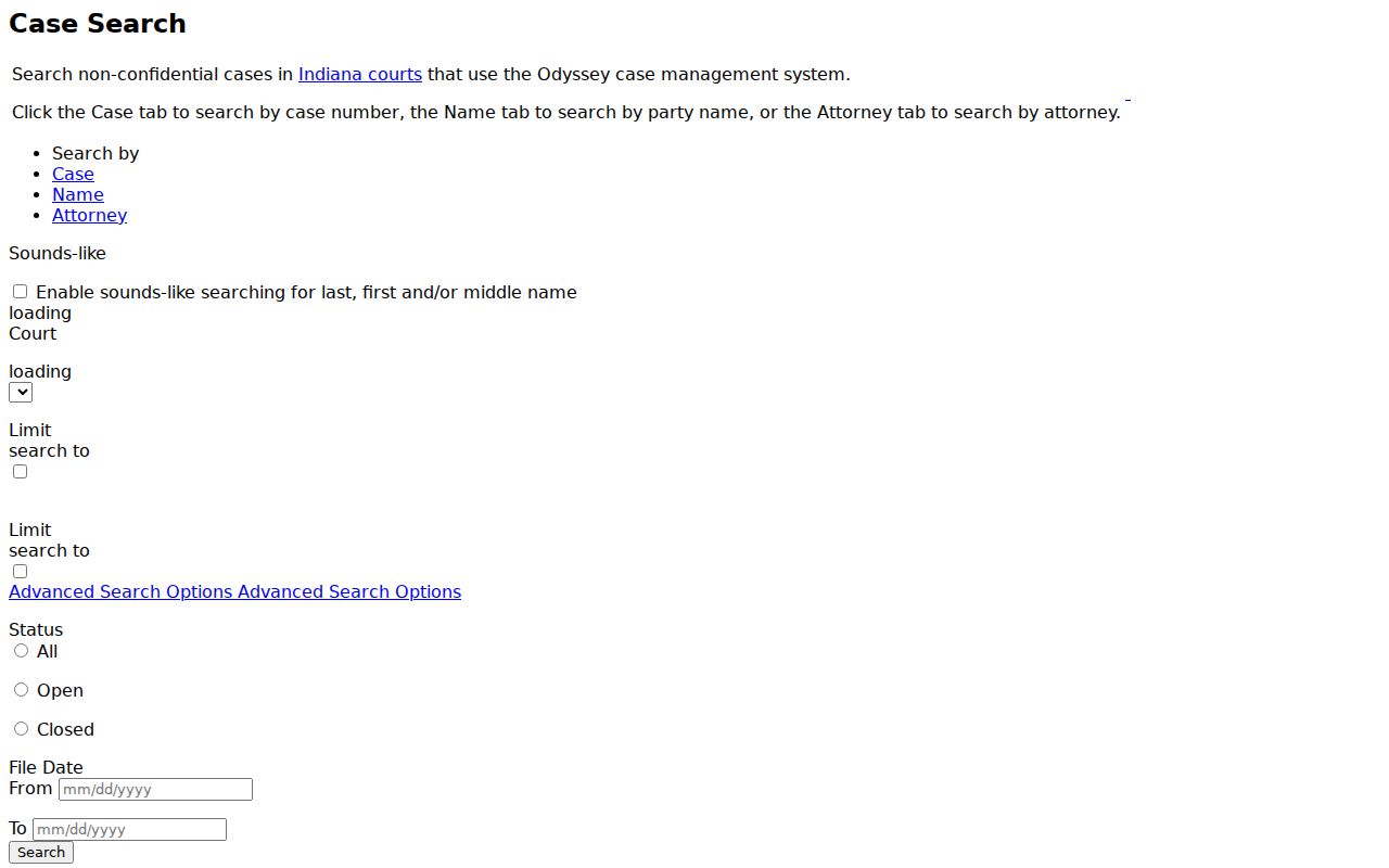 Indiana MyCase public case search form